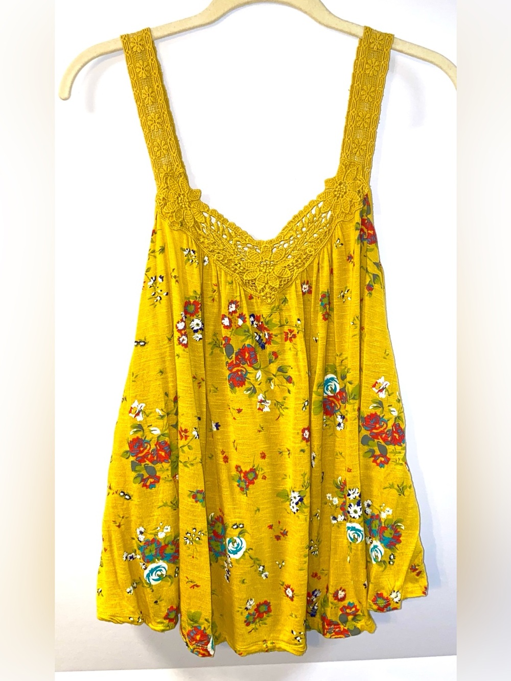 Eyeshadow Yellow Tank Top With Floral Print Lace Straps Rayon Blend Size XS